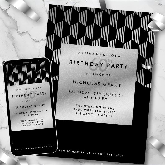 60th Birthday Modern Black Faux Silver Foil 招待状