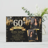 60th Birthday Modern Gold Glitter Balloons 2 Photo 招待状 (スタンド正面)