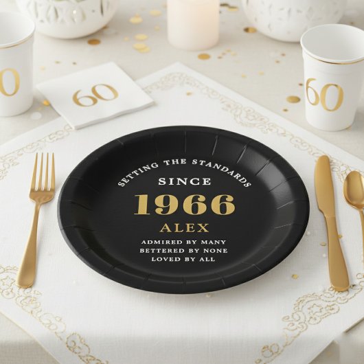 60th Birthday Name 1966 Black Gold Elegant Chic ペーパープレート