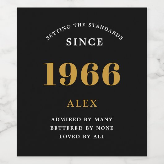 60th Birthday Name 1966 Black Gold Elegant Chic ワインラベル (シングルラベル)