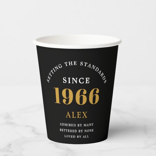 60th Birthday Name 1966 Black Gold Elegant Chic 紙コップ (正面)
