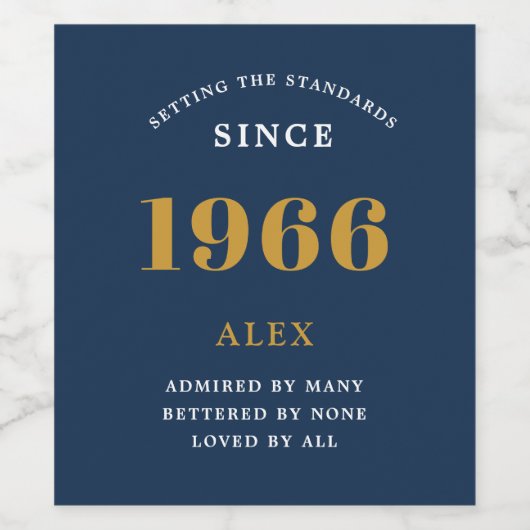 60th Birthday Name 1966 Blue Gold Elegant Chic ワインラベル (シングルラベル)