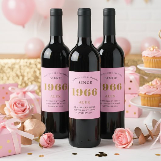 60th Birthday Name 1966 Pink Gold Elegant Chic ワインラベル
