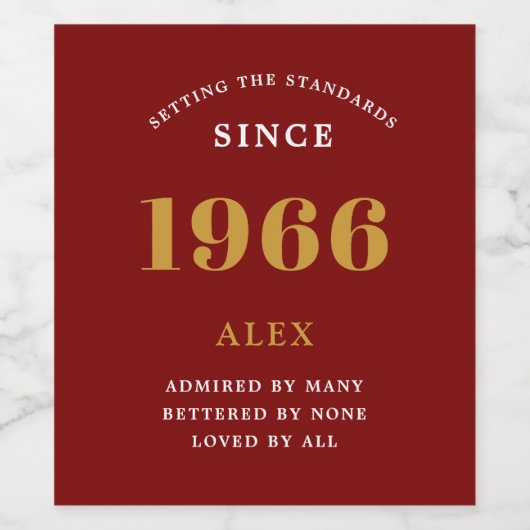 60th Birthday Name 1966 Red Gold Elegant Chic ワインラベル (シングルラベル)