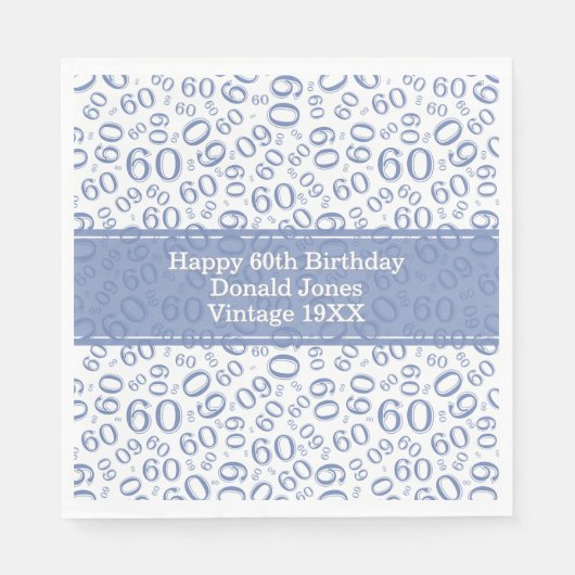 60th Birthday Number Pattern Blue and White Napkin スタンダードランチョンナプキン (正面)
