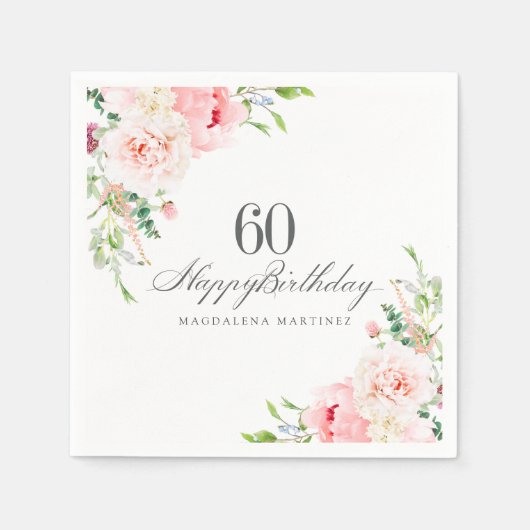 60th Birthday Partyが提供するピンクのフローラ スタンダードカクテルナプキン (正面)