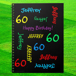 60th Birthday Partyゲストブックリピート名ブラック ノートブック<br><div class="desc">60歳の誕生日パーソナライズされたパーティーや他の大事な行事のための素晴らしいゲストブック。このスパイラルノートの表紙には、名前と年齢が黒い背景に違うフォントと原色で繰り返し表示される。パーソナライズする簡単 – 名前、年齢、大事な行事を1か所で変更。最大9個の名前をサポートキャラクター。カラフルとおもしろい誕生日パーティーゲストブック – 任意の名前、任意の年齢に変更する簡単。All Rights Reserved © 2014 Alan & Marcia Socolik.</div>