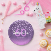 60th birthday partyパープルピンクグリッター名 ペーパープレート (パーティー)