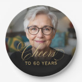 60th Birthday Partyフォト金ゴールドスクリプト応援 ペーパープレート (正面)