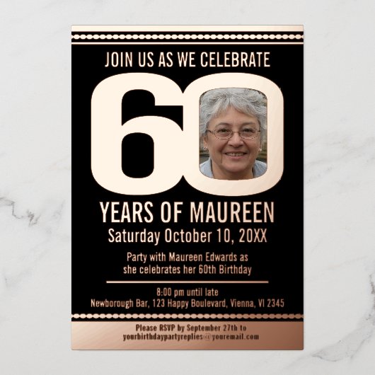 60th Birthday partyブラックとバラ金ゴールドフォイル写真 箔招待状 (正面)