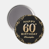 60th Birthday Partyブラック&金ゴールドグリッター枠 マグネット (正面/裏面)