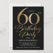 60th Birthday Partyブラック&金ゴールド 招待状 (正面)