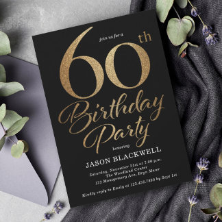 60th Birthday Partyブラック&金ゴールド 招待状