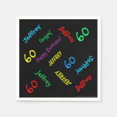 60th Birthday Party繰り返し名前黒紙 スタンダードカクテルナプキン (正面)