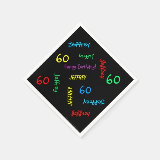 60th Birthday Party繰り返し名前黒紙 スタンダードカクテルナプキン (角)