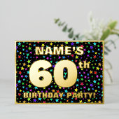 60th Birthday Party —おもしろいカラフル、Stars Pattern 箔招待状 (立ち正面)