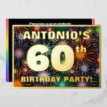 60th Birthday Party —おもしろい、カラフルFireworks Look 箔招待状<br><div class="desc">この喜びはっきりしたに満ちた60番目の誕生祝いホイル招待カードデザインの前には、名前パーソナライズされた、多数の"60th"、メッセージ"BIRTHDAY PARTY!"と縁ど、とい。正面の背景にはおもしろいやカラフル模様があり、お祝いの花火のように見える。バックにはパーソナライズされた、日付、時刻、会場、その他の関連する詳細など、イベントに関する情報が含まれている。このようなカスタマイズ可能な招待状は、誰かの60歳の誕生日を祝って開催される誕生日の集まりに招待状ゲストをおもしろいする方法かもしれない。[～Z0000602]</div>