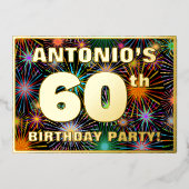 60th Birthday Party —おもしろい、カラフルFireworks Look 箔招待状 (正面)