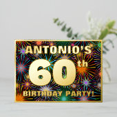 60th Birthday Party —おもしろい、カラフルFireworks Look 箔招待状 (立ち正面)