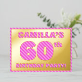 60th Birthday Party — はっきりした、おもしろい、ピンクストライプ色60 箔招待状 (立ち正面)
