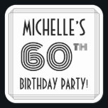 60th Birthday Party:アールデコスタイル 名前をカスタムする スクエアシール<br><div class="desc">1920年代から1930年代のスタイルインスパイア60周年記念ステッカーデザインは、名パーソナライズされた前、アート10年のスタイルの数数「60th」、メッセージ「BIRTHDAY PARTY!」、複雑なを備えたの数号、そしてラインを備えている。誕生日スタイリッシュをテーマにしたシールは、パーティーの与え60歳の誕生日に使われたり出されたりするかもしれな祝い。あるいは、そのようなイベントのために招待状を準備したりプレゼントを包んだりするときなどに使われたりするかもしれない。[～Z0000618]</div>