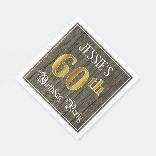 60th Birthday Party — フェイク金ゴールド&ウッドフェイク・ルックス スタンダードランチョンナプキン (角)