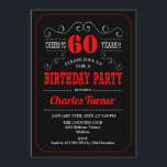 60th Birthday Party – ブラックレッドホワイト 招待状<br><div class="desc">第60回バースデーパーティーへの招待。黒エレガント、赤、白のレトロデザインと黒板パターンとスクリプトフォント。応援60年！メッセージもしの詳細なカスタマイズが必要。</div>