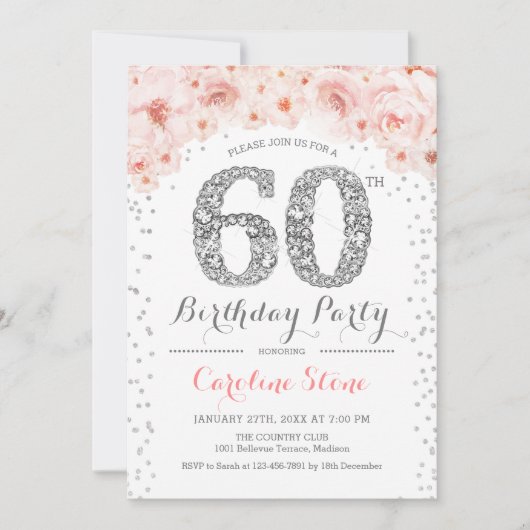 60th Birthday Party – ホワイトシルバーピンク 招待状 (正面)