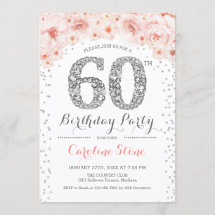 60th Birthday Party – ホワイトシルバーピンク 招待状