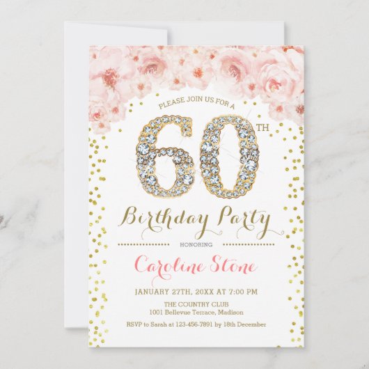 60th Birthday Party – ホワイト金ゴールドピンク 招待状 (正面)