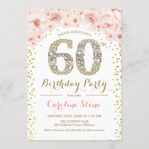 60th Birthday Party – ホワイト金ゴールドピンク 招待状