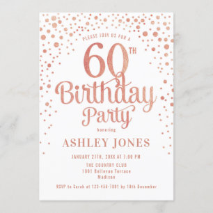 60th Birthday Party – ホワイト&バラ金ゴールド 招待状
