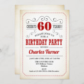 60th Birthday Party -レトロクリーミー白と赤 招待状 (正面/裏面)