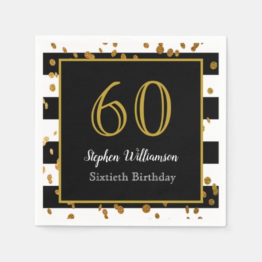 60th Birthday Party |白黒と金ゴールドグリッター スタンダードカクテルナプキン (正面)