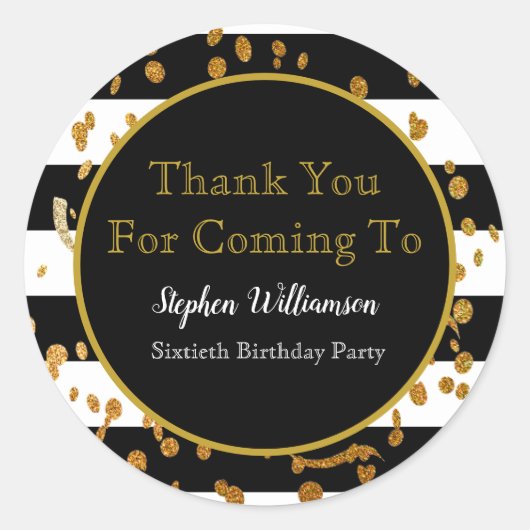 60th Birthday Party |白黒金ゴールドありがとう ラウンドシール (正面)
