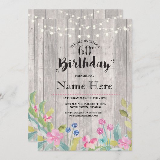 60th Birthday Party 素朴 Woodフローラ40招待状 招待状 (正面/裏面)