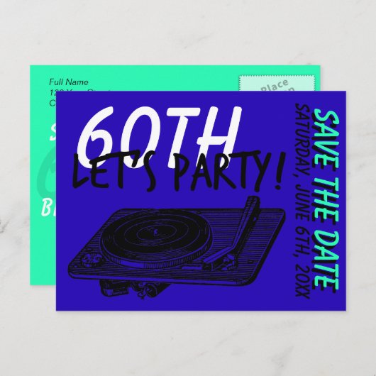60th Birthday Party 60s Blue日付を保存 案内ポストカード (正面/裏面)