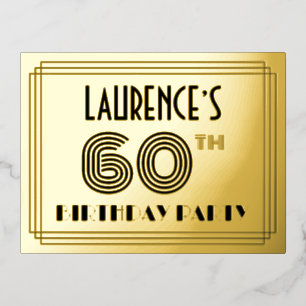 60th Birthday Party ~ Art Deco Style “60” + Name 箔招待状ポストカード