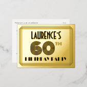 60th Birthday Party ~ Art Deco Style “60” + Name 箔招待状ポストカード (正面/裏面)