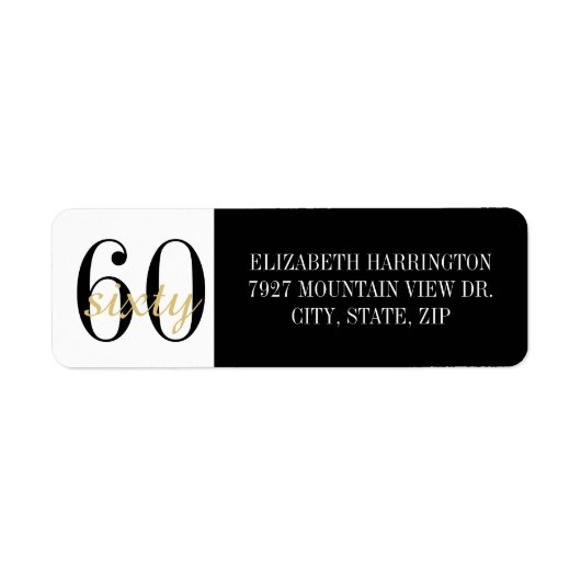 60th Birthday Party Black Gold Return Address ラベル (正面)