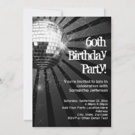 60th Birthday Party Black Sparkle Disco Ball 招待状