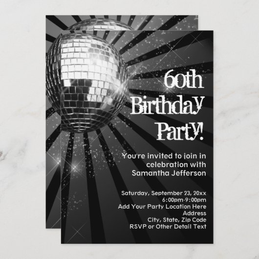 60th Birthday Party Black Sparkle Disco Ball 招待状 (正面/裏面)