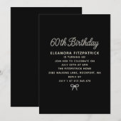 60th Birthday Party Black White Pearl Script Bow 招待状 (正面/裏面)