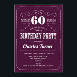 60th Birthday Party - Burgundy White 招待状<br><div class="desc">第60回バースデーパーティーへの招待。バーグンエレガントディと白レトロデザインとスクリプトフォント。応援60年！メッセージもしの詳細なカスタマイズが必要。</div>