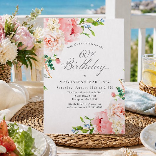 60th Birthday Party Feminine Pink Roses Floral 招待状