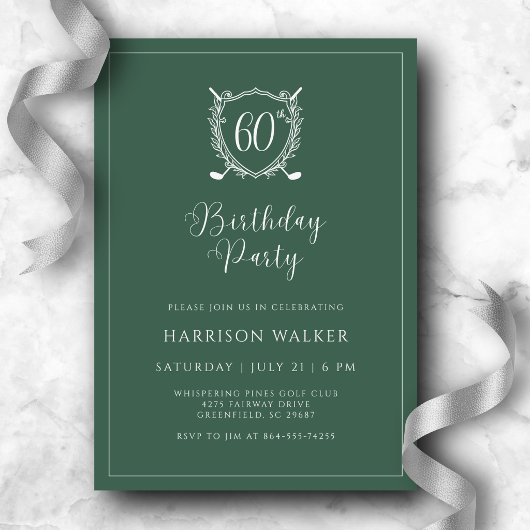 60th Birthday Party Golf Crest Elegant Script Sage 招待状