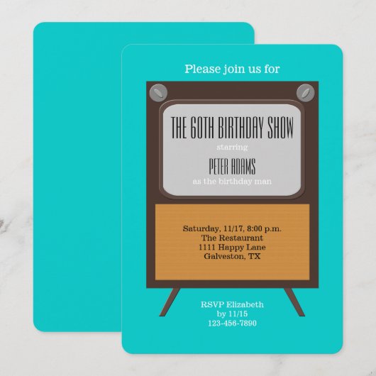 60th Birthday Party Invitation TV on Blue 招待状 (正面/裏面)