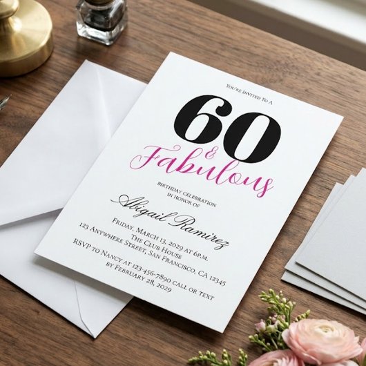 60th Birthday Party Invitation White Pink Photo  招待状
