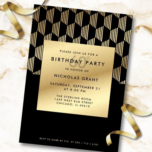 60th Birthday Party Modern Black and Gold Foil 招待状