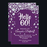 60th birthday party purple white diamonds hello 60 招待状<br><div class="desc">女のエレガント子のための60歳の誕生日パーティーのための華やかなパーティの招待状。紫色フェイクの背景にシックガーリーなダイヤモンド。手文字の大きな紫の色モダンの円スタイル文字：こんにちは60!テンプレートのパーティー情報。白文字。</div>